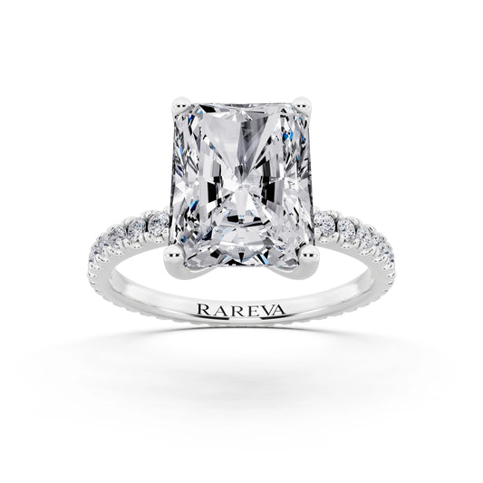 18 KT White Gold Radiant Cut Diamond Solitaire Ring with Pave Eternity Band - front view
