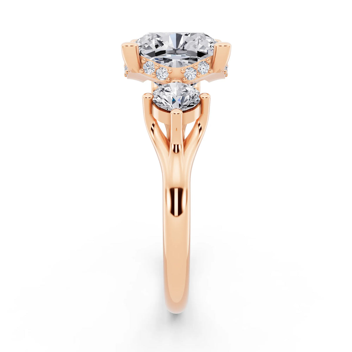 18 KT Rose Gold Cushion Cut Diamond Three Stone Engagement Ring with Hidden Halo - side view