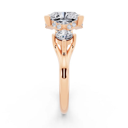 18 KT Rose Gold Cushion Cut Diamond Three Stone Engagement Ring with Hidden Halo - side view