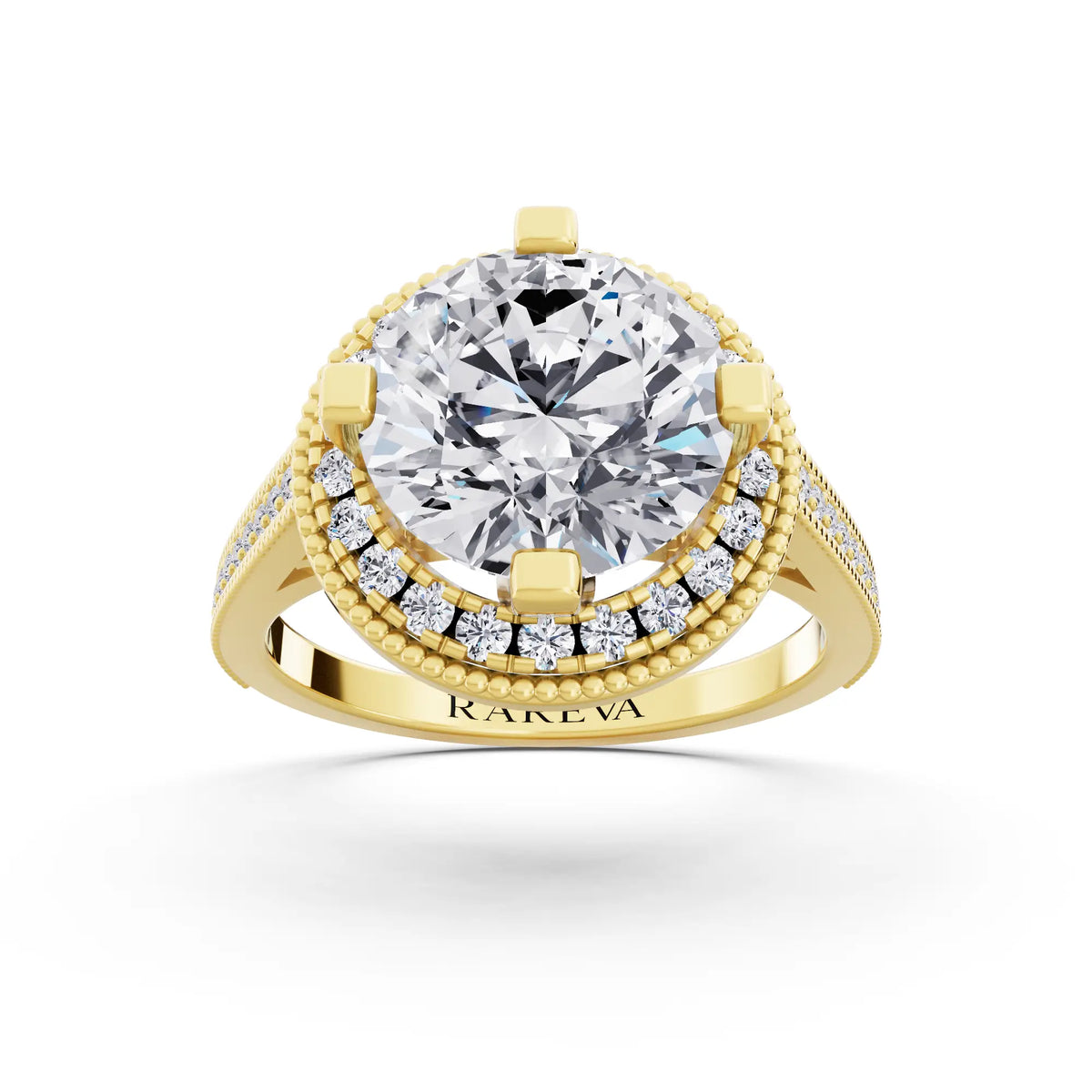 14 KT Yellow Gold Round Cut Diamond Vintage Halo Ring with Milgrain Band - Front