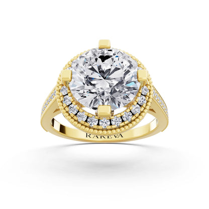 14 KT Yellow Gold Round Cut Diamond Vintage Halo Ring with Milgrain Band - Front