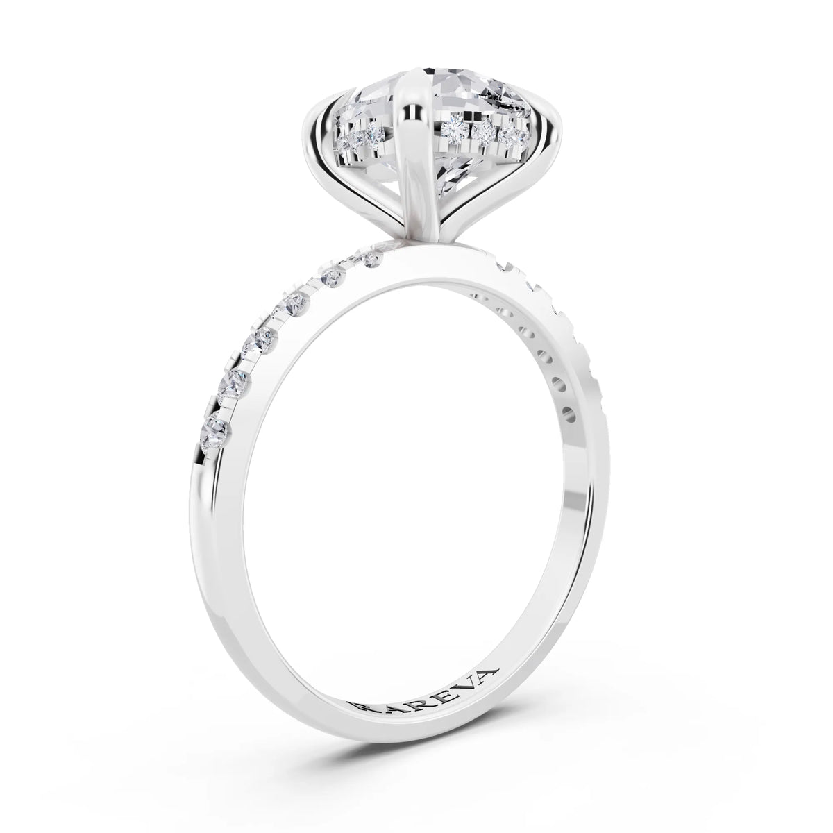 Platinum Pear Cut Diamond Solitaire Ring with Round Pavé Band and Prong Setting - top view