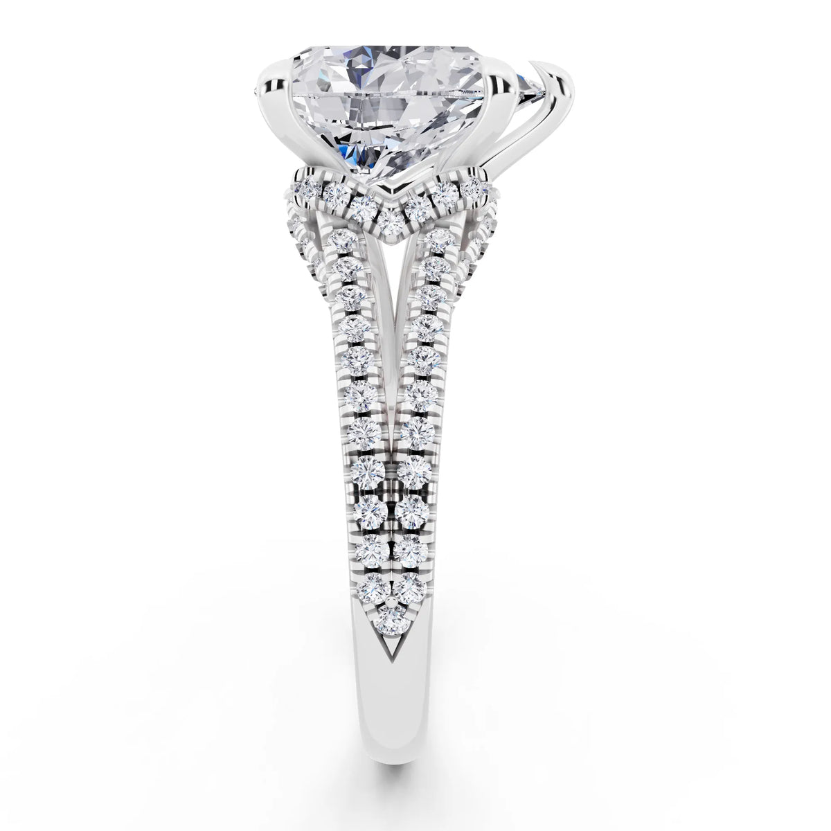 18 KT White Gold Pear Cut Diamond Ring with Pavé Split Shank - side view