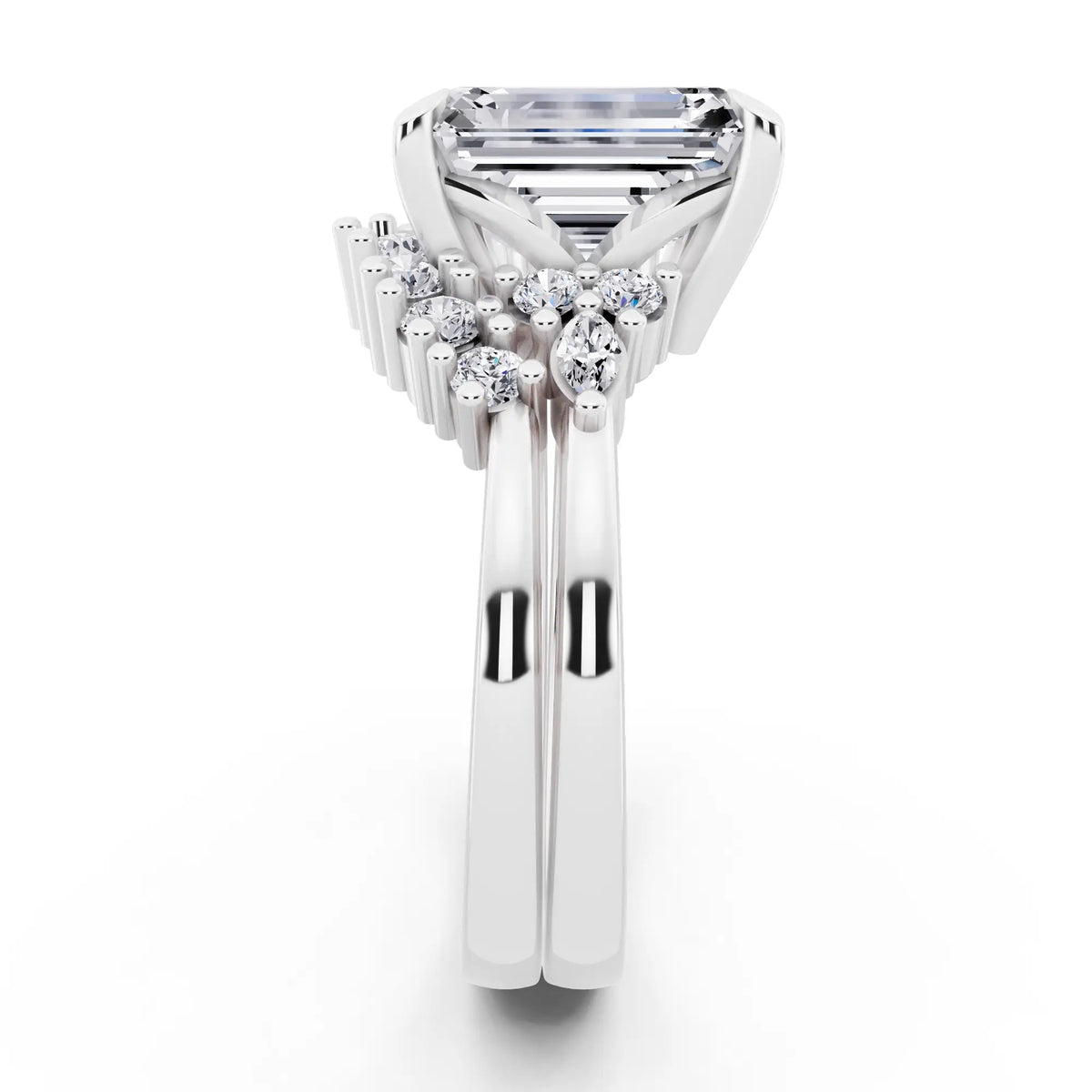 18 KT White Gold Emerald Cut Diamond Ring with Curved Cluster Band - side view