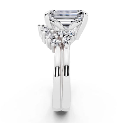 18 KT White Gold Emerald Cut Diamond Ring with Curved Cluster Band - side view