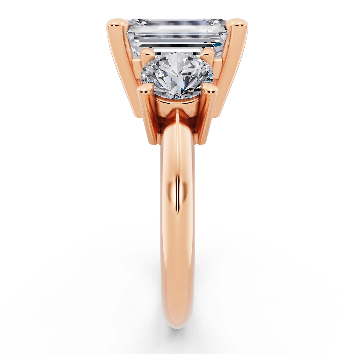14 KT Rose Gold Emerald Cut Diamond Three Stone Ring with Round Accents - side view