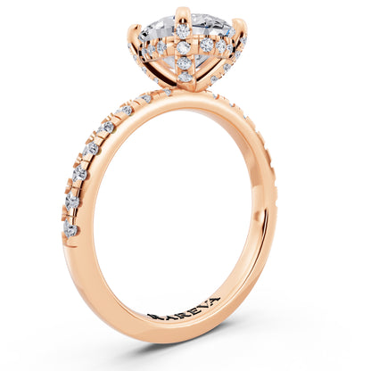 18 KT Rose Gold Oval Cut Diamond Hidden Halo Ring with Pave Shank - top view