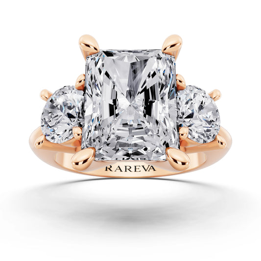 14 KT Rose Gold Radiant Cut Diamond Three Stone Ring with Round Accents - front view
