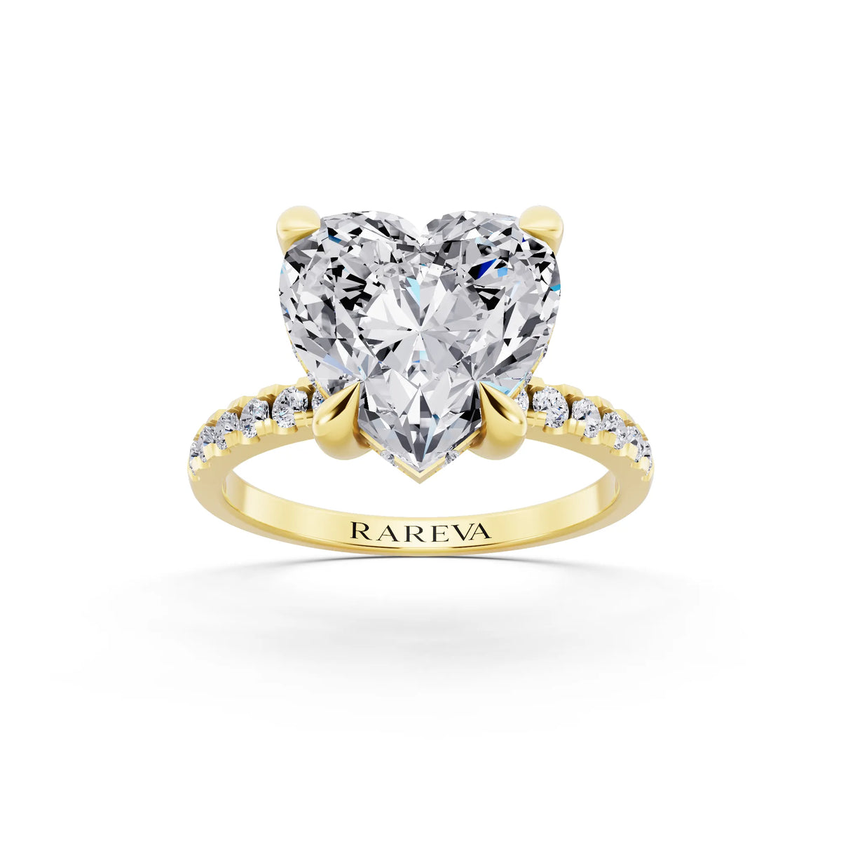 18 KT Yellow Gold Heart Cut Diamond Solitaire Ring with Round Pavé Band and Prong Setting - front view