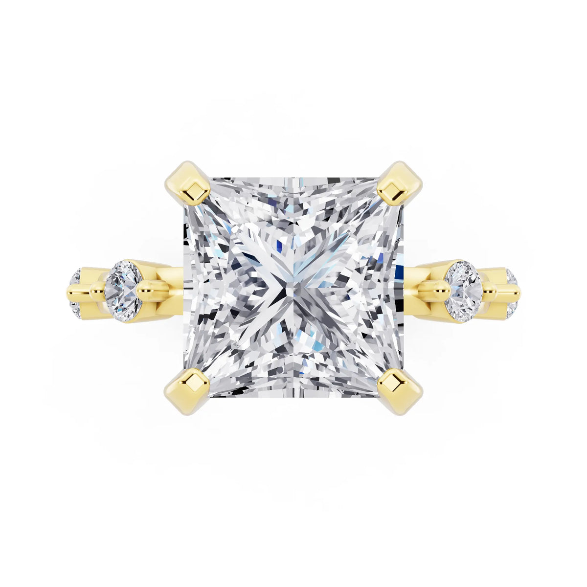 18 KT Yellow Gold Princess Cut Diamond Solitaire Ring with Floating Diamond Accents - top angle