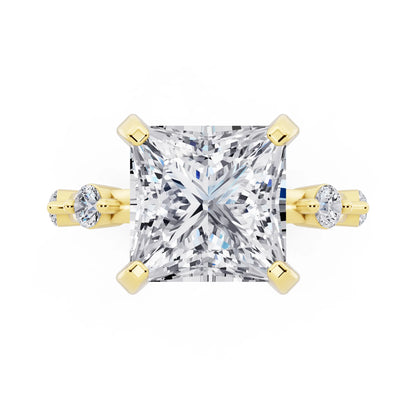 18 KT Yellow Gold Princess Cut Diamond Solitaire Ring with Floating Diamond Accents - top angle