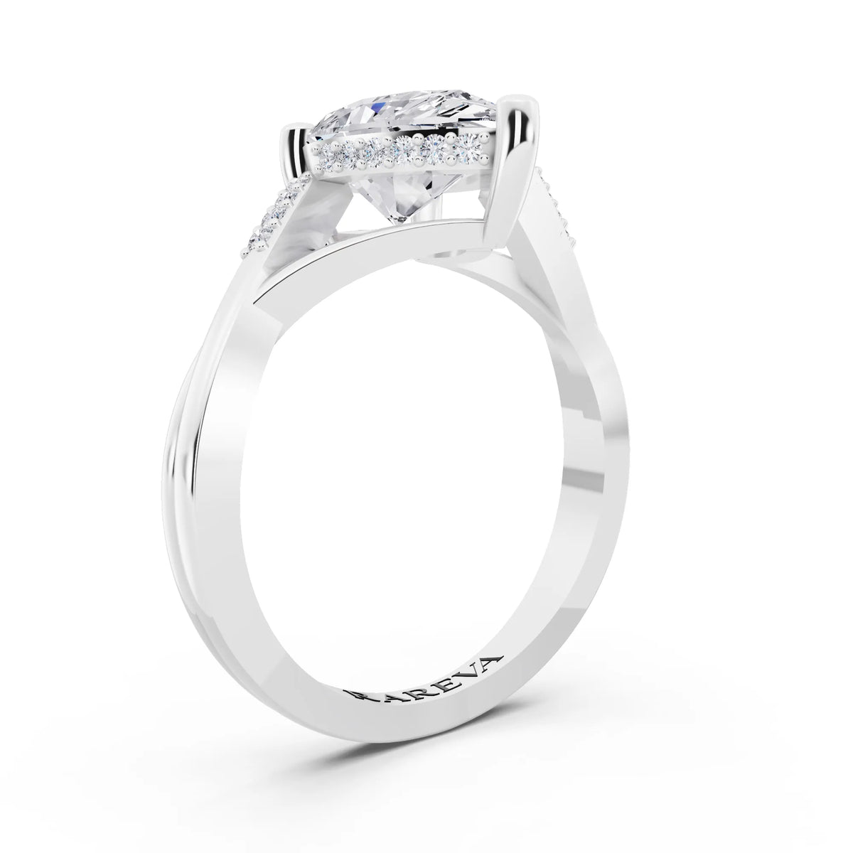 14 KT White Gold Pear Cut Diamond Split Shank Engagement Ring with Hidden Halo - top view