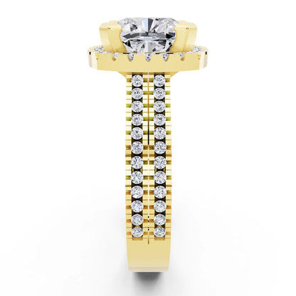 18 KT Yellow Gold Cushion Cut Diamond Halo Ring with Twin Pave Band - side view