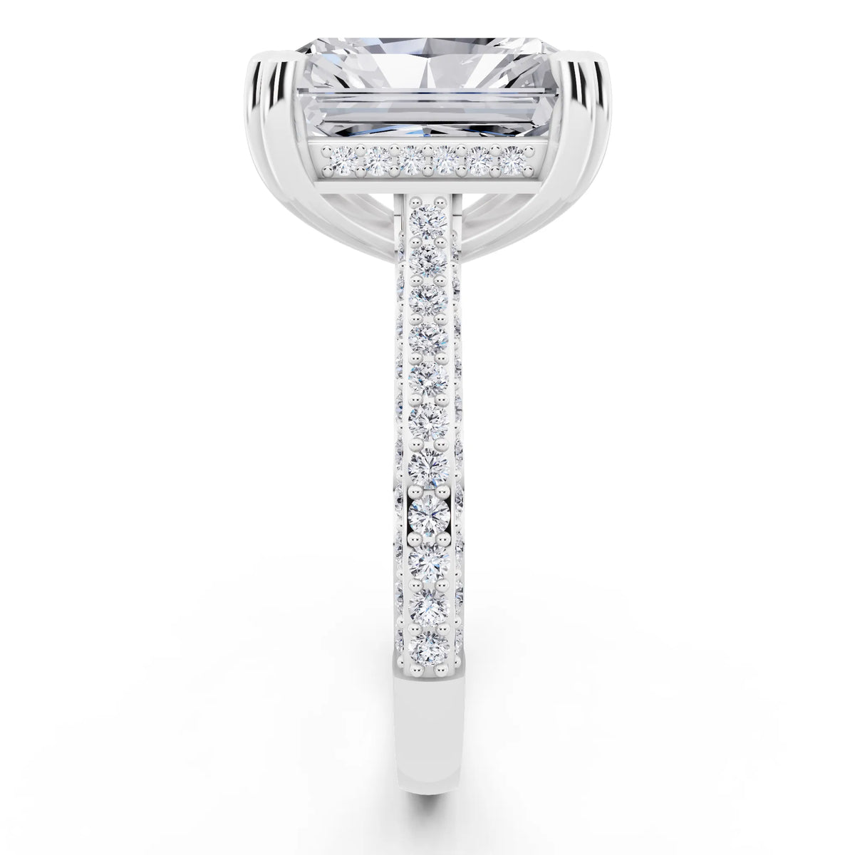14 KT White Gold Radiant Cut Diamond Hidden Halo Double Claw Pave Band Ring - side view