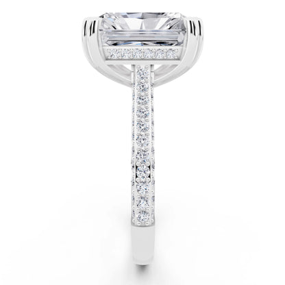 14 KT White Gold Radiant Cut Diamond Hidden Halo Double Claw Pave Band Ring - side view