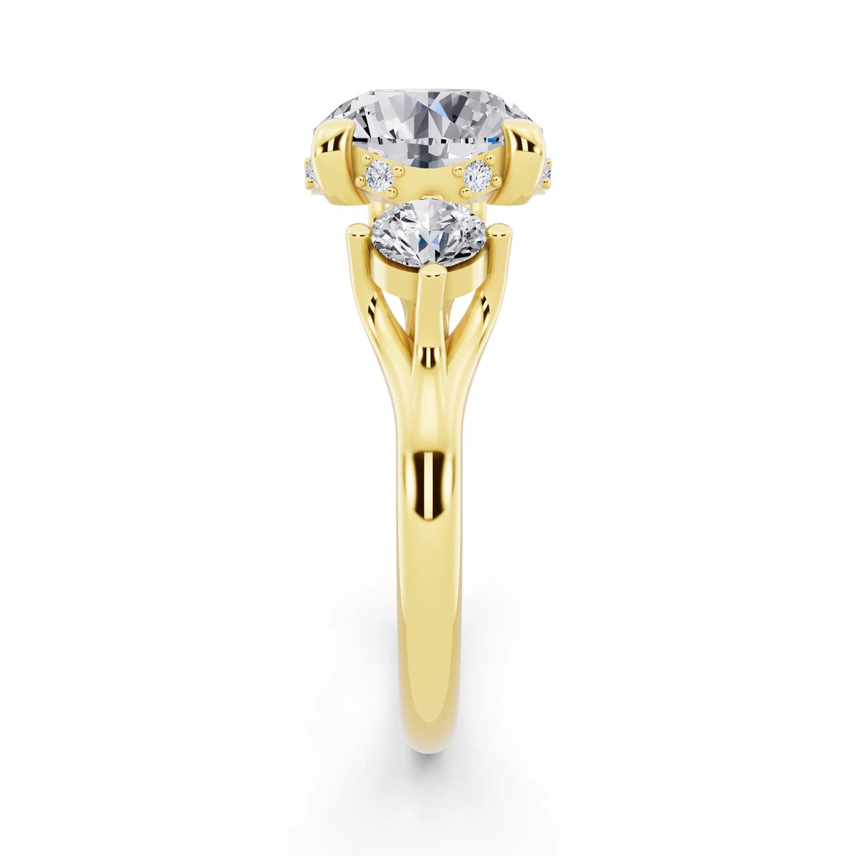 14 KT Yellow Gold Round Cut Diamond Three Stone Engagement Ring with Hidden Halo - side view