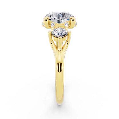14 KT Yellow Gold Round Cut Diamond Three Stone Engagement Ring with Hidden Halo - side view