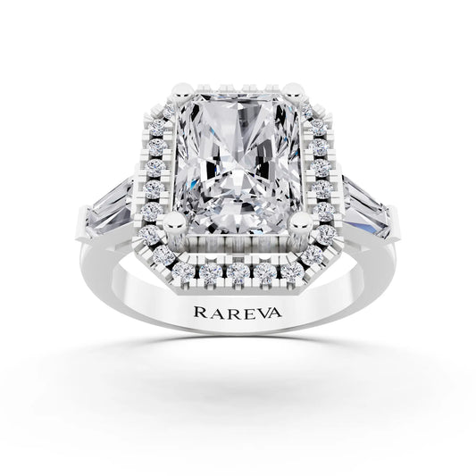 18 KT White Gold Radiant Cut Diamond Halo Ring with Baguette Accents - front view