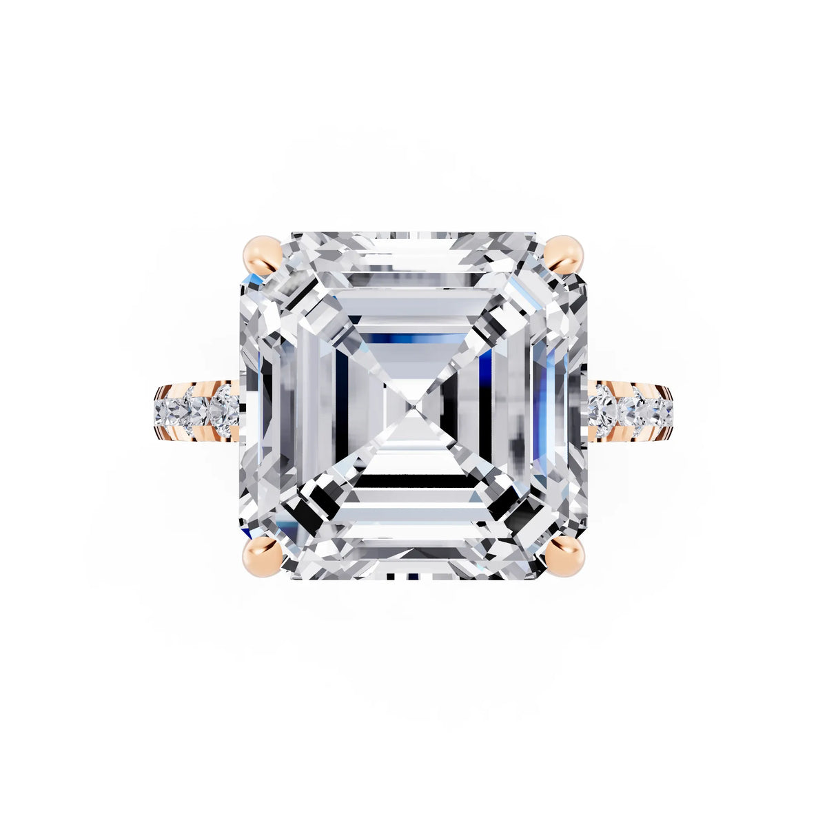 18 KT Rose Gold Asscher Cut Diamond Hidden Halo Tiger Prong Pave Band Ring - top angle