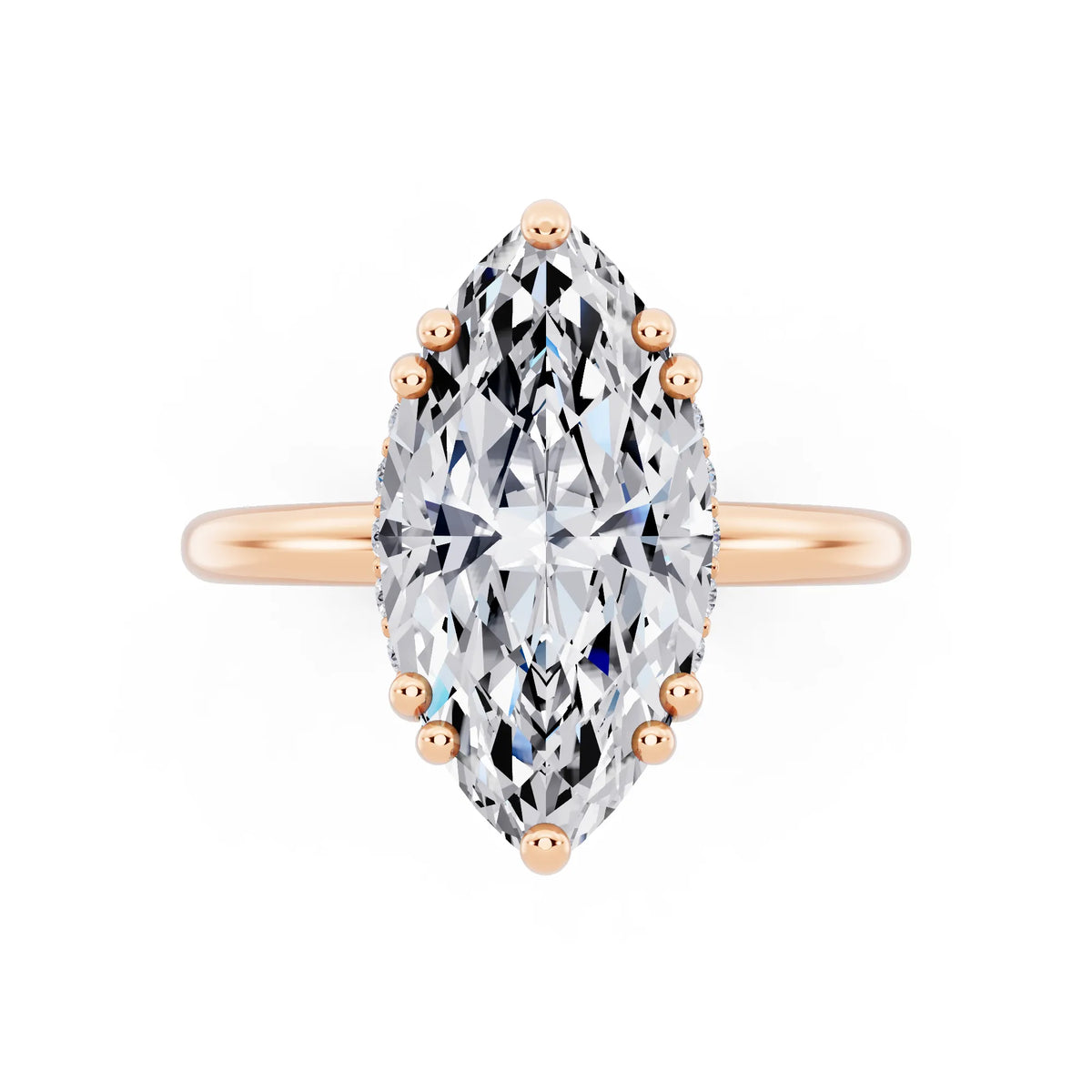 18 KT Rose Gold Marquise Cut Diamond Solitaire Ring with Hidden Accent Basket - top angle