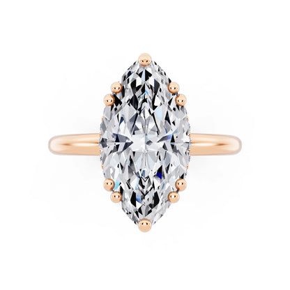 18 KT Rose Gold Marquise Cut Diamond Solitaire Ring with Hidden Accent Basket - top angle