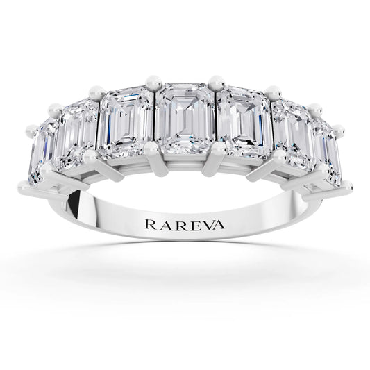 Silver Seven Stone Emerald Cut Diamond Half Eternity Wedding Band - 2mm - Front