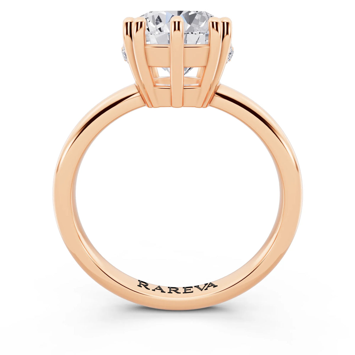 14 KT Rose Gold Round Cut Diamond Solitaire Ring with Hidden Accent Basket - through finger