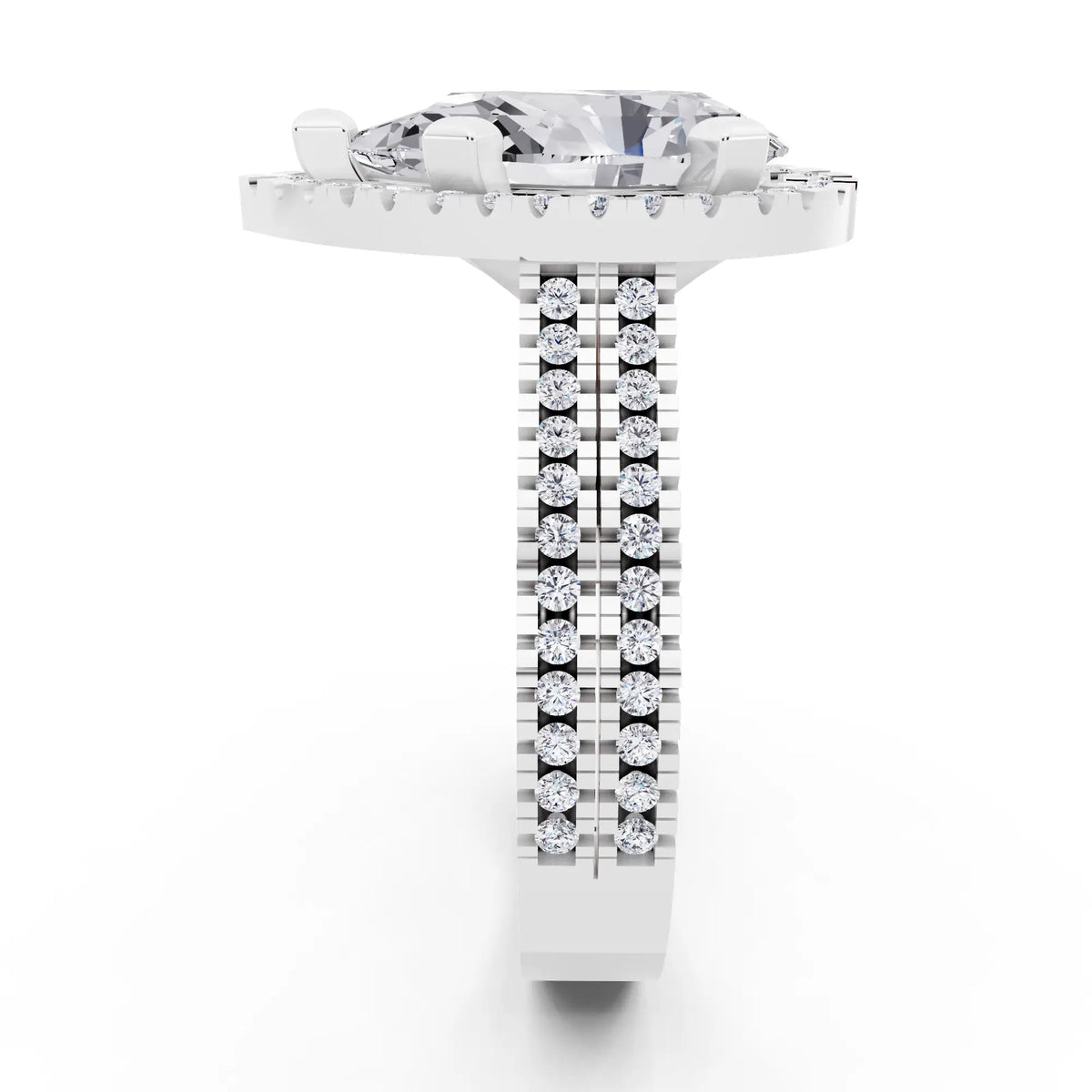 18 KT White Gold Pear Cut Diamond Halo Ring with Twin Pave Band - side view