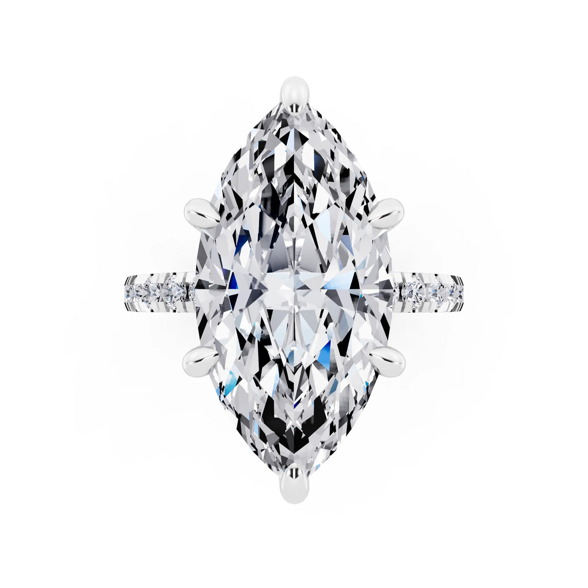 18 KT White Gold Marquise Cut Diamond Hidden Halo Tiger Prong Pave Band Ring - top angle