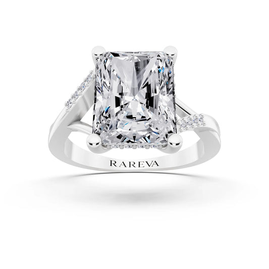 18 KT White Gold Radiant Cut Diamond Split Shank Engagement Ring with Hidden Halo - front view