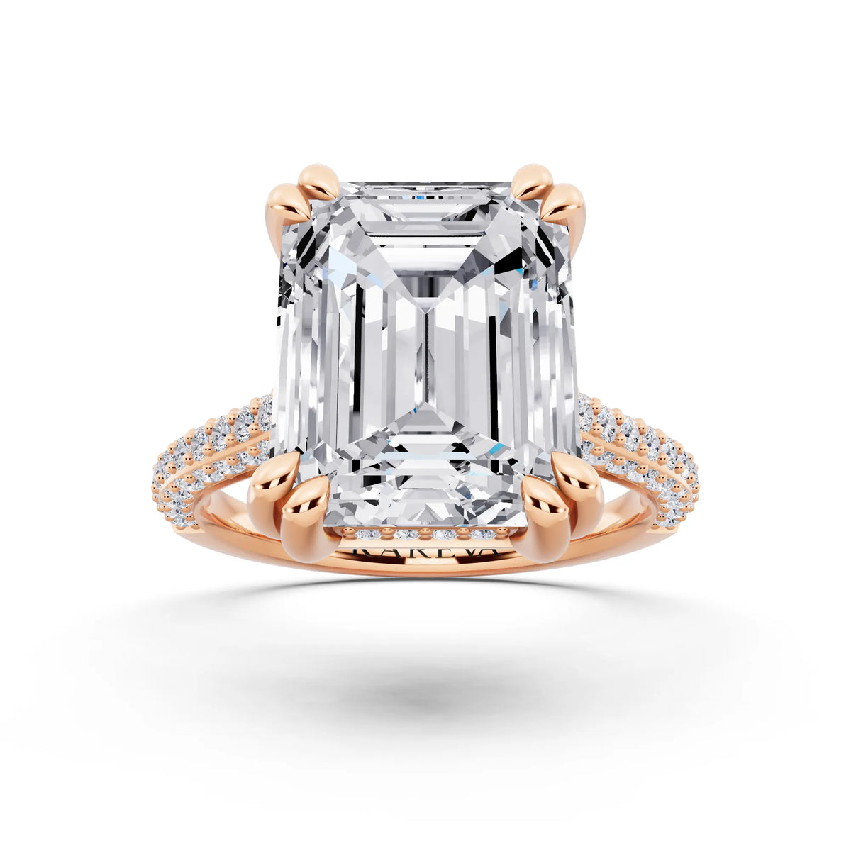 14 KT Rose Gold Emerald Cut Diamond Hidden Halo Double Claw Pave Band Ring - front view