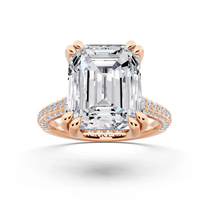 14 KT Rose Gold Emerald Cut Diamond Hidden Halo Double Claw Pave Band Ring - front view