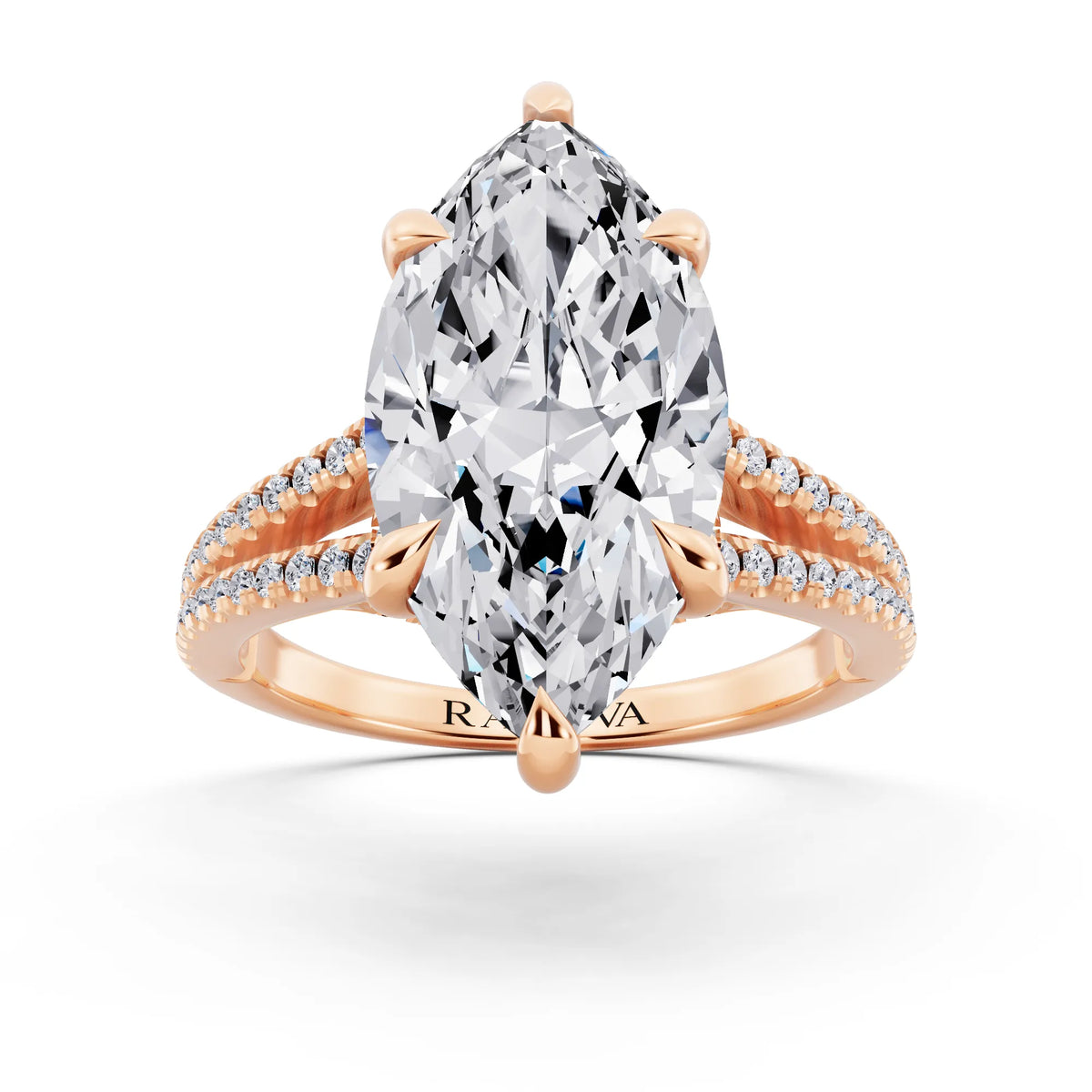 14 KT Rose Gold Marquise Cut Diamond Ring with Pavé Split Shank - front view