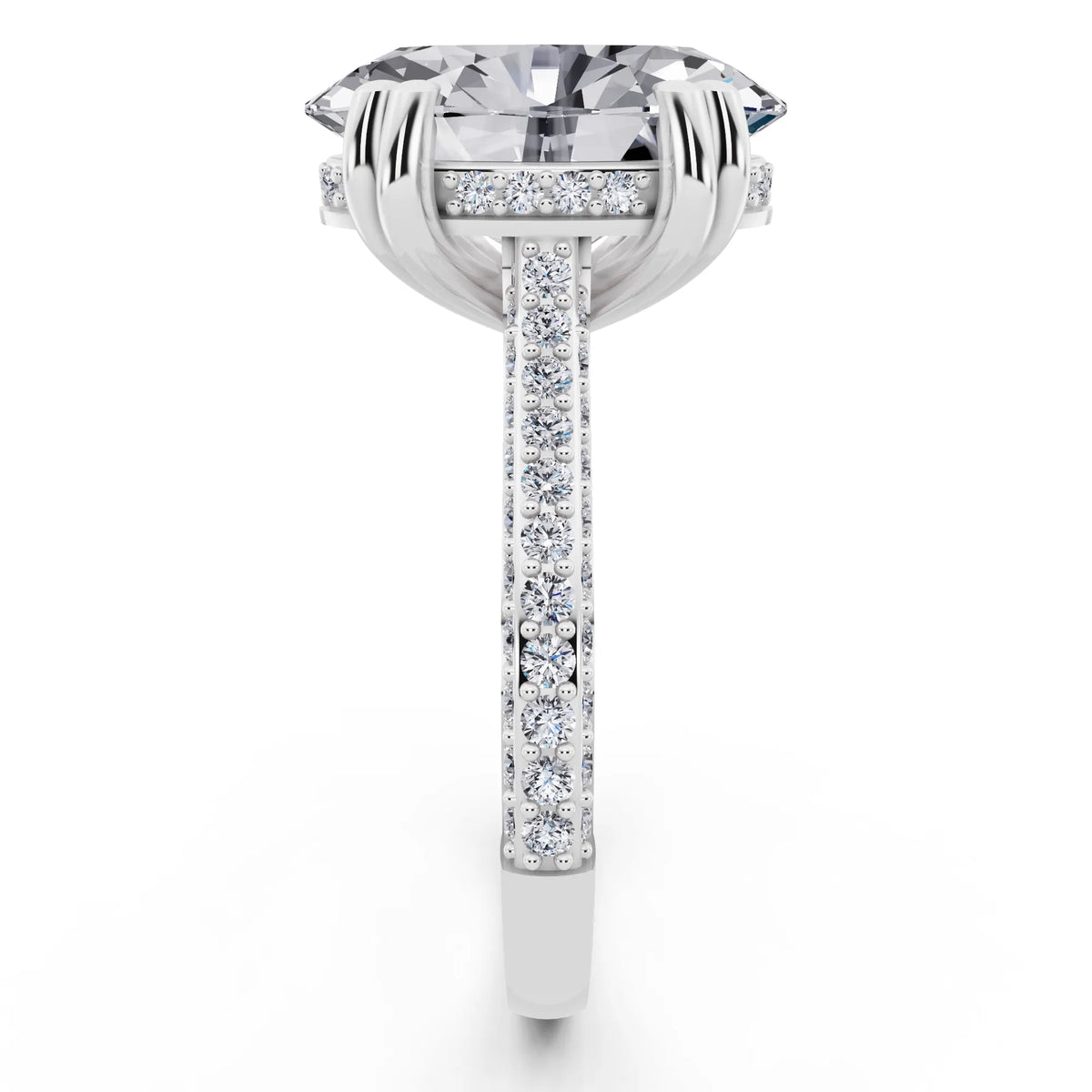 18 KT White Gold Oval Cut Diamond Hidden Halo Double Claw Pave Band Ring - side view