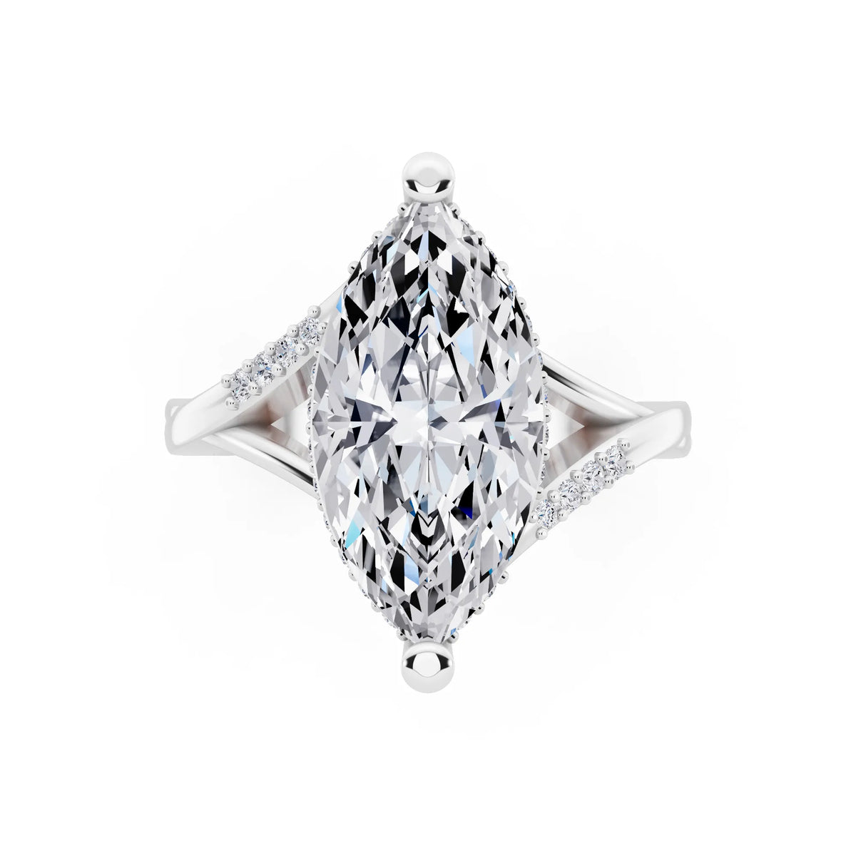 Platinum Marquise Cut Diamond Split Shank Engagement Ring with Hidden Halo - top angle