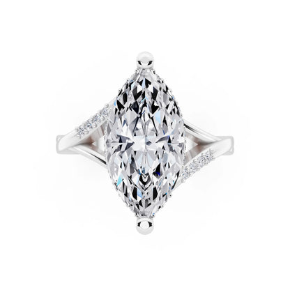Platinum Marquise Cut Diamond Split Shank Engagement Ring with Hidden Halo - top angle