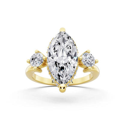 18 KT Yellow Gold Marquise Cut Diamond Three Stone Engagement Ring with Hidden Halo - front view