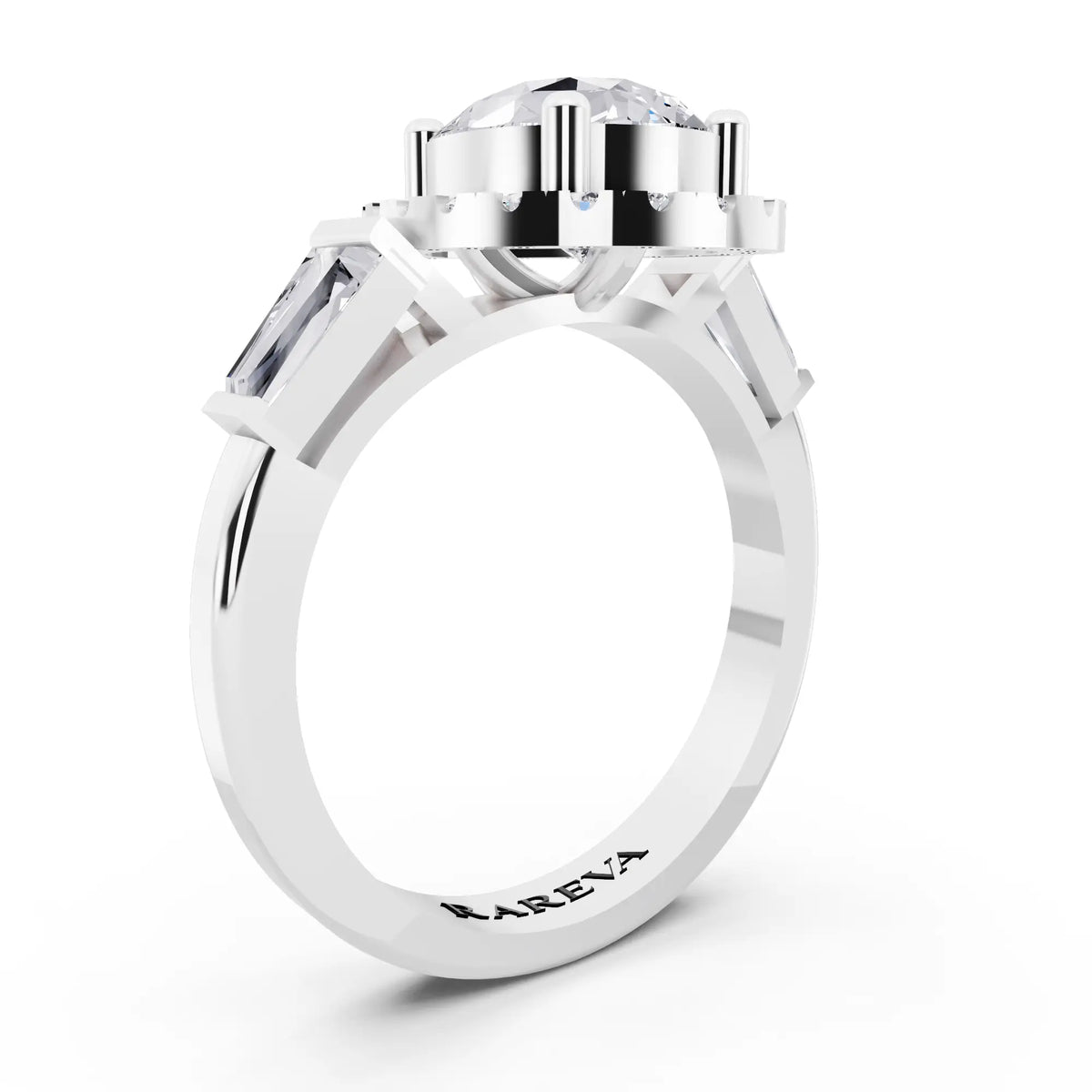 18 KT White Gold Pear Cut Diamond Halo Ring with Baguette Accents - top view