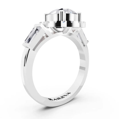 18 KT White Gold Pear Cut Diamond Halo Ring with Baguette Accents - top view