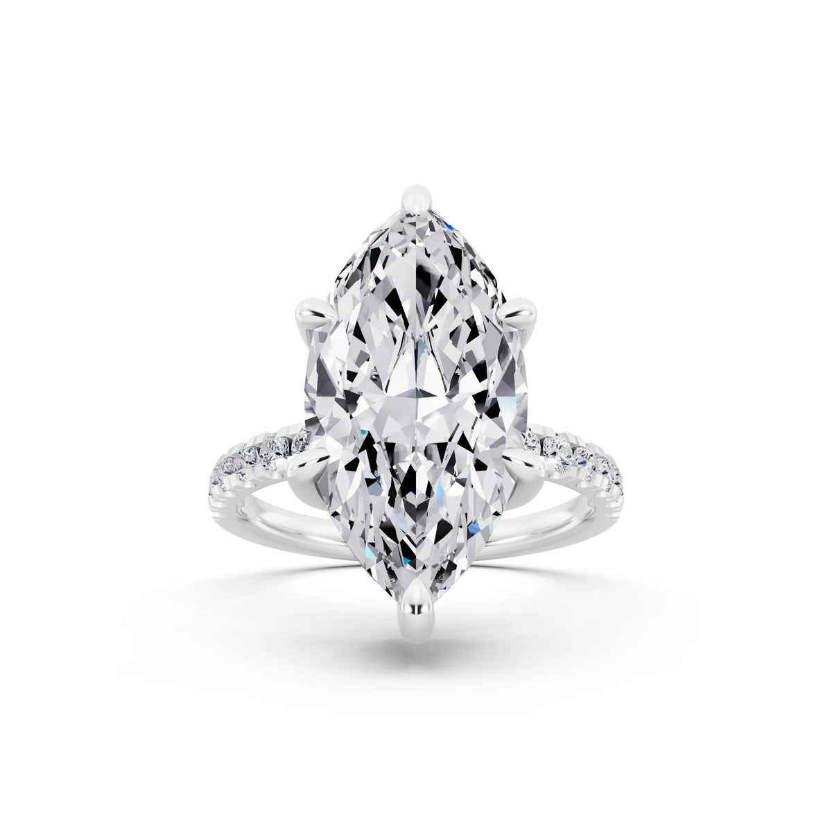 Platinum Marquise Cut Diamond Hidden Halo Tiger Prong Pave Band Ring - front view