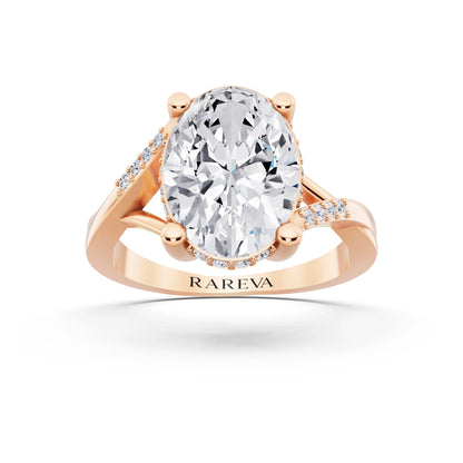 18 KT Rose Gold Oval Cut Diamond Split Shank Engagement Ring with Hidden Halo - front view