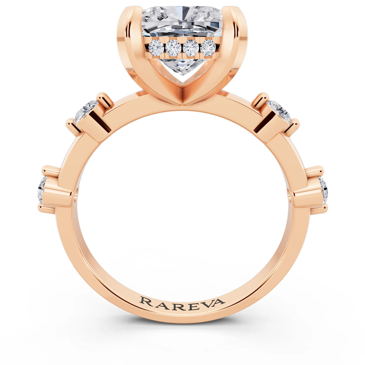 14 KT Rose Gold Cushion Cut Diamond Solitaire Ring with Floating Diamond Accents - through finger