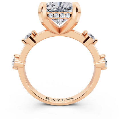 14 KT Rose Gold Cushion Cut Diamond Solitaire Ring with Floating Diamond Accents - through finger