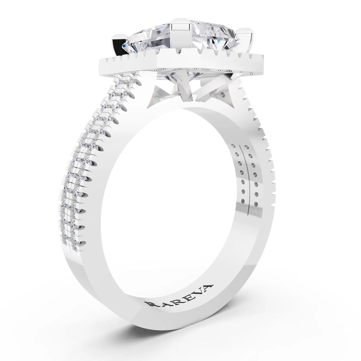 Platinum Radiant Cut Diamond Halo Ring with Twin Pave Band - top view