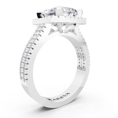 Platinum Radiant Cut Diamond Halo Ring with Twin Pave Band - top view