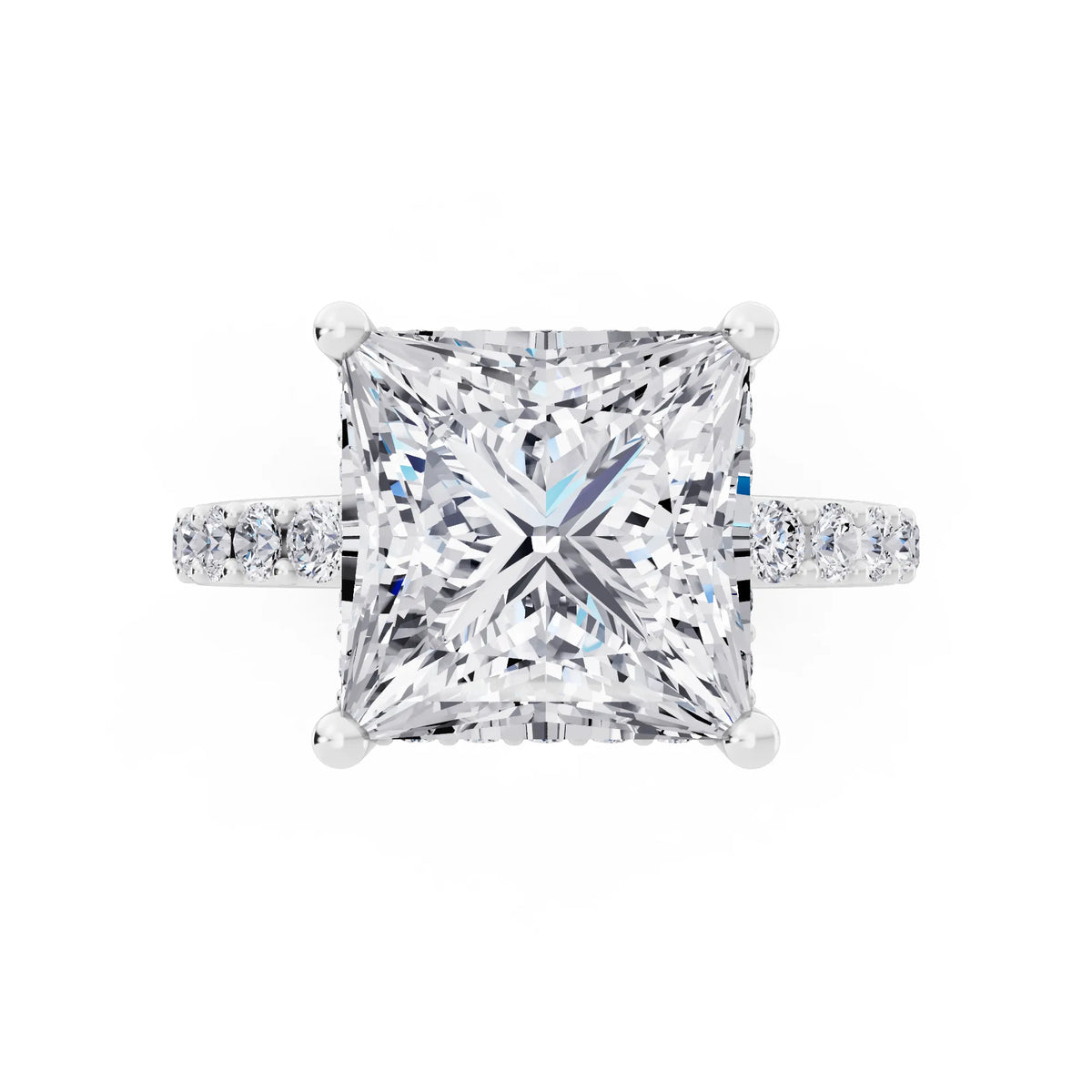 14 KT White Gold Princess Cut Diamond Solitaire Ring with Hidden Halo and Pave Band - top angle