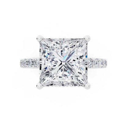 14 KT White Gold Princess Cut Diamond Solitaire Ring with Hidden Halo and Pave Band - top angle
