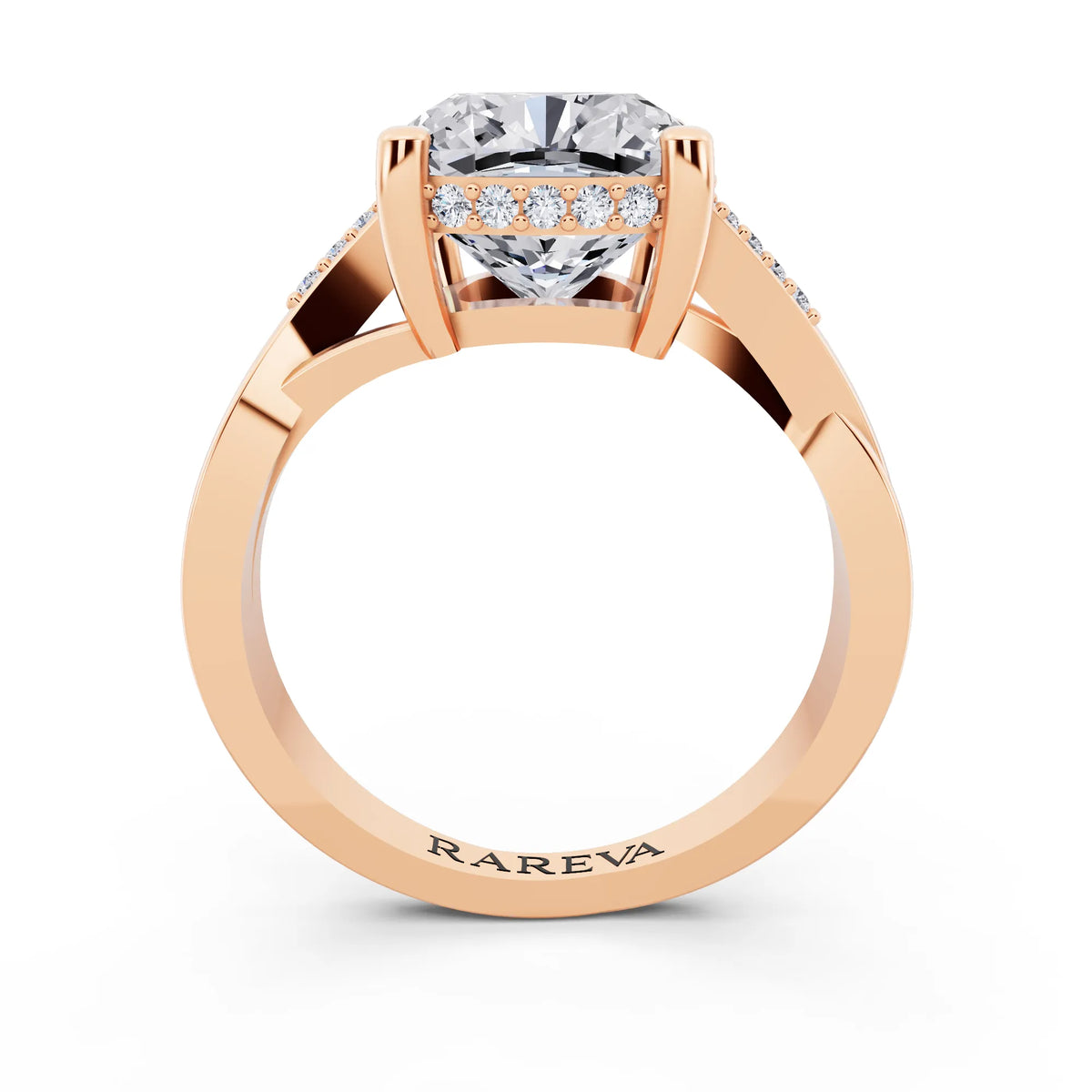 14 KT Rose Gold Cushion Cut Diamond Split Shank Engagement Ring with Hidden Halo - through finger