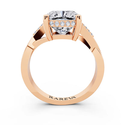 14 KT Rose Gold Cushion Cut Diamond Split Shank Engagement Ring with Hidden Halo - through finger