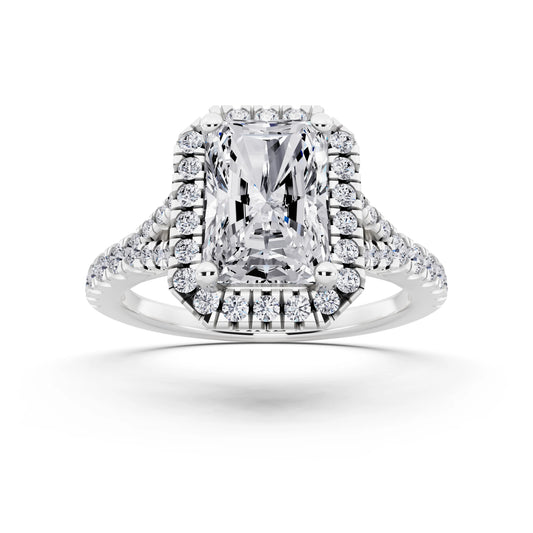 18 KT White Gold Radiant Cut Diamond Halo Ring with Split Shank - front view